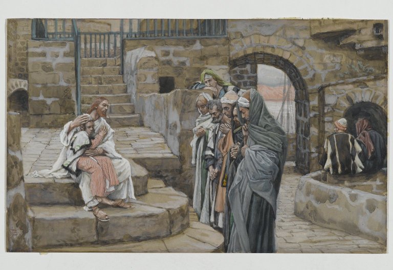 Jesus and the Little Child, watercolor by James Tissot - Jesus seated with a small child on his lap