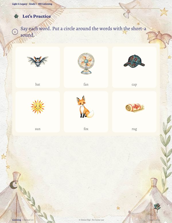 Light and Legacy Grade 1 worksheet preview - Let's Practice phonics page with folk-art tiles